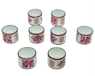Lot 069 

Set of Eight Vintage Porcelain Pink, White, and Gold Toned Napkin Rings