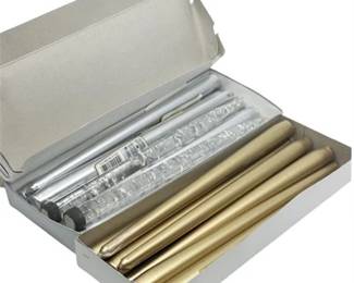 Lot 051  
Mid-Century Modern Pair of Clear Lucite and Silver Fleck Taper Candles and More