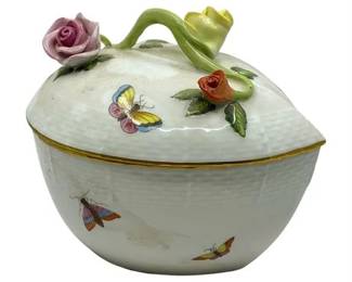 Lot 181
Herend Rothschild Bird Porcelain Covered Heart Dish with Flowers and Butterflies