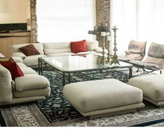 Saporiti sofas- soldottoman- sold, and chairs (NOT FOR SALE) surrounding a huge custom coffee table (90" x 62 1/4" x 19.5" tall) over a gorgeous Turkish Shivas rug measuring 116" x 249" with fringe.