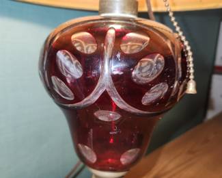 cut-to-clear ruby red glass antique lamp detail