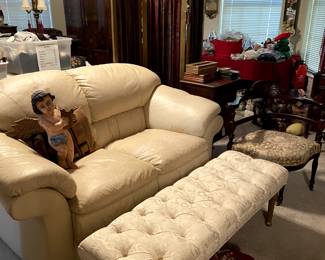 Groovy leather love seat.  Tufted bench. Corner chair.