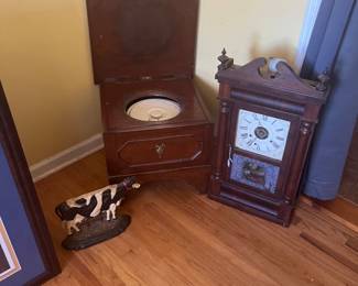 Vintage door stop, Victorian chamber pot, mantle clock