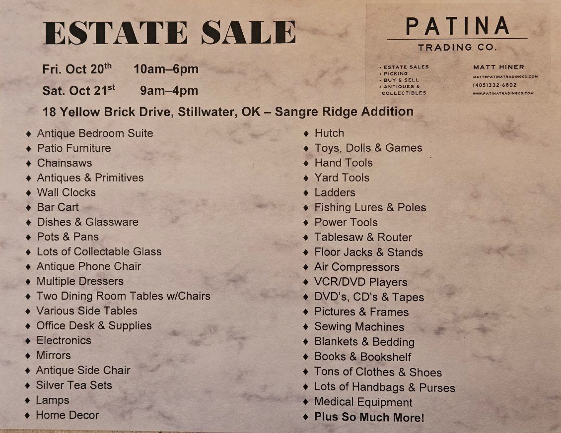 Estate Sale in Stillwater Patina Trading Co. starts on 10/20/2023