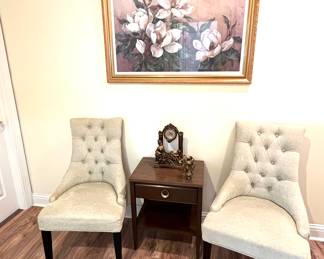 Pair of Upholstered Chairs - Small Table - Framed Print 
