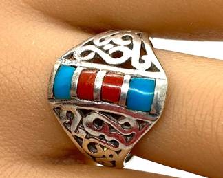 #1 • Sterling Silver Turquoise & Coral Ring - Size 9
