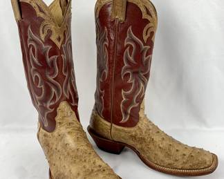 #12 • Nocona Full Quill Ostrich Two-Tone Men's Cowboy Boots Size 9.5 - Tan and Burgundy

