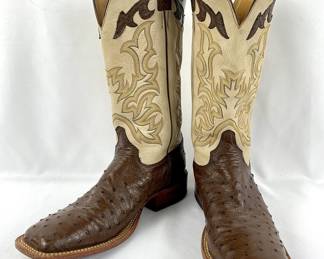 #13 • Justin Full-Quill Ostrich Two-Tone Men's Cowboy Size 9.5 - Brown and Beige
