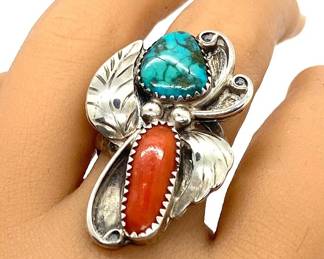 #28 • Sterling Silver Turquoise, Coral and Feather Ring - Size 7 1/4
