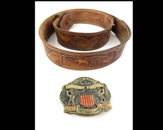 #33 • 200th Anniversary US Constitution Dress Belt Buckle 1787-1987 & Tooled Leather Belt
