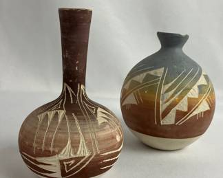 #37 • Two Small Vintage Navajo Vases - Diné Etched Signed Vase
