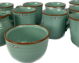 #42 • Vintage Noritake Boulder Ridge Stoneware #8674 - 8 Mugs, Creamer & Sugar Bowl
