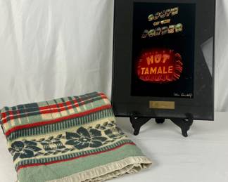 #45 • Southwestern Wool Blanket 64" x 55" with Framed "Hot Tamale" Neon Signs Photoprint
