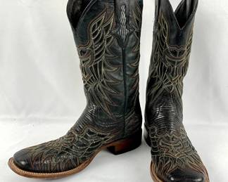 #46 • Lucchese Lizard Men's Cowboy Boots Black Size 9.5 Model 4546 - Elaborate Stitching

