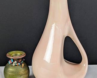 #64 • Two Pottery Pieces- Pink Genie Decanter and Raku Vase by Jeremy Diller
