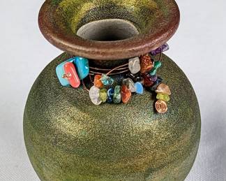 #64 • Two Pottery Pieces- Pink Genie Decanter and Raku Vase by Jeremy Diller
