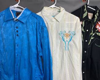 #79 • Three Western Shirts - Metizos XXL in Blue, Tru-West Rockmount Ranch Wear M in Black, Platini XL in White

