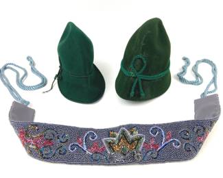 #83 • 1980s Beaded Belt / Cumberbund & 2 Vintage Green Alpine-Style Hats
