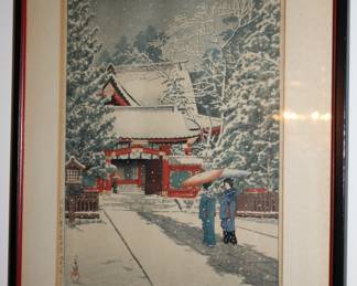 "Snow at the shrine front" Hasui Kawase woodblock print