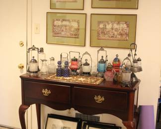 Mahogany server; antique pickle jars & syrups