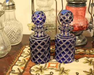 Pair antique cobalt & clear glass perfumes