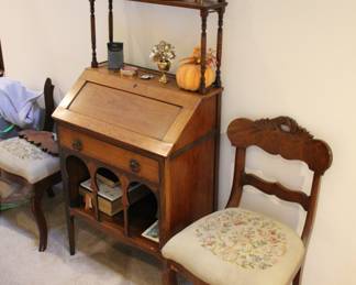 Antique drop front writing desk, needlepoint seat side chair 