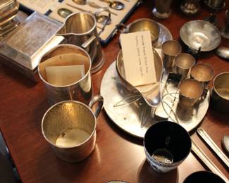 More sterling items - English London 1787 pap boat, small shot glasses, Gorham trivit, baby cups....
