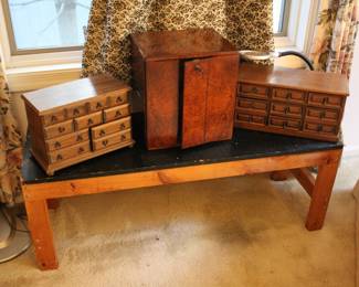Small jewelry boxes & antique burl wood locking dresser top chest