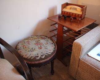 Vintage needlepoint stool & MCM magazine stand