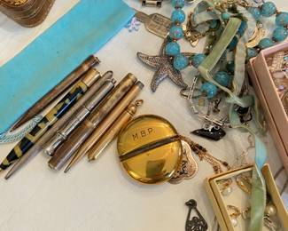 Antique pens, jewelry