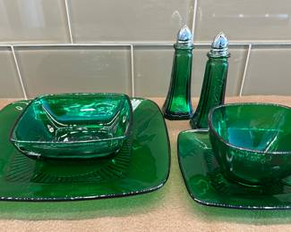 Emerald green glass dishware
