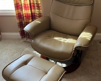 Taupe leather Benchmaster chair and ottoman