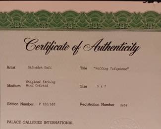 Salvador Dali "Melting Telephone" Original signed hand colored etching 120/500