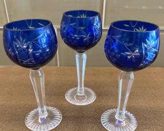 Etched cobalt blue crystal glasses
