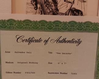 Salvador Dali "Don Quixote" Original Etching 303/500 with COA
