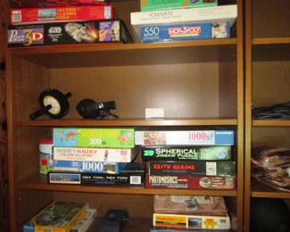 Teak shelving, vintage games