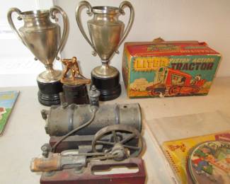 Vintage/antique loving cups, vintage toys, engine