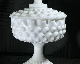 1950’s Fenton Milk Hobnail Glass Covered Tall Compote Dish