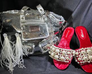 Coach sequin handbag & Jeffrey Campbell Pearl slides