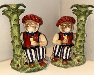 Kaldun & Bogle monkey ceramic candlestick holders 