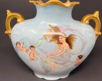 Vintage J R France Porcelain 2 Handled Vase with Butterfly & Angel Motif