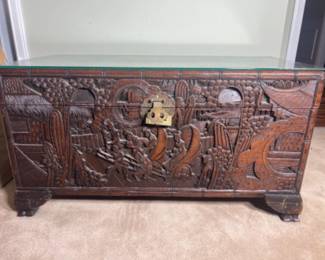 Antique Carved Rosewood Asian Chest - Glass Top