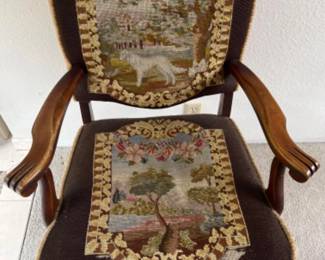 Antique Lion Paw Armrest w/ Ornate Scenic Needlepoint Upholstery