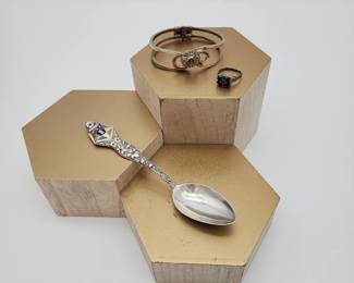 Vintage Order Of the Eastern Star Trio - Sterling Spoon - Onyx Ring