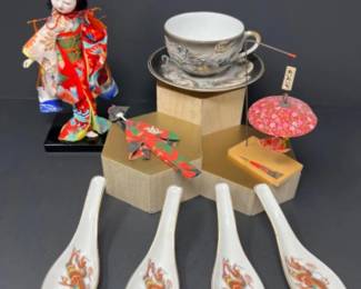 Mid Century Asian Lithophane Geisha Tea Cup, Doll, & Decor