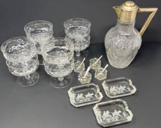 Crystal & Glass - Claret Jug - Intaglio Ashtrays - Mother of Pearl Spoons +