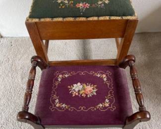 Antique Floral Needlepoint & Wood Base Footrests