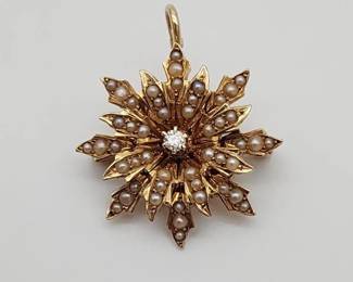 Victorian 14K Gold, Diamond & Seed Pearl Star Snowflake Brooch/Pendant