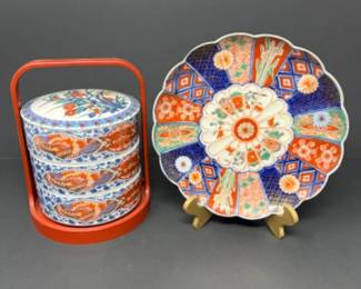 Vintage Antique Japanese Arita Imari Dish & Jubako Food Box