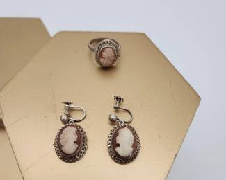 Vintage Sterling Silver Carved Cameo Screw On Dangle Earrings & Ring